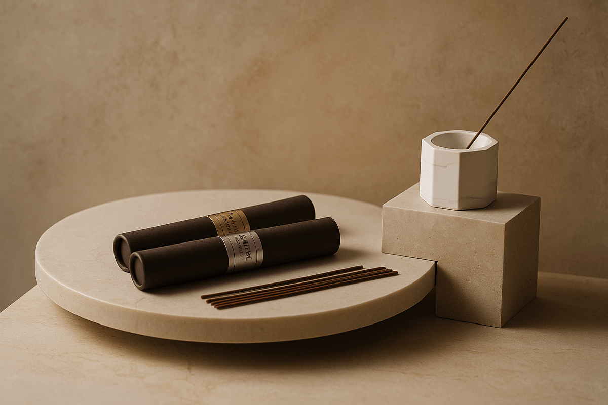 Botanical incense emitting delicate smoke in a minimalist home interior.