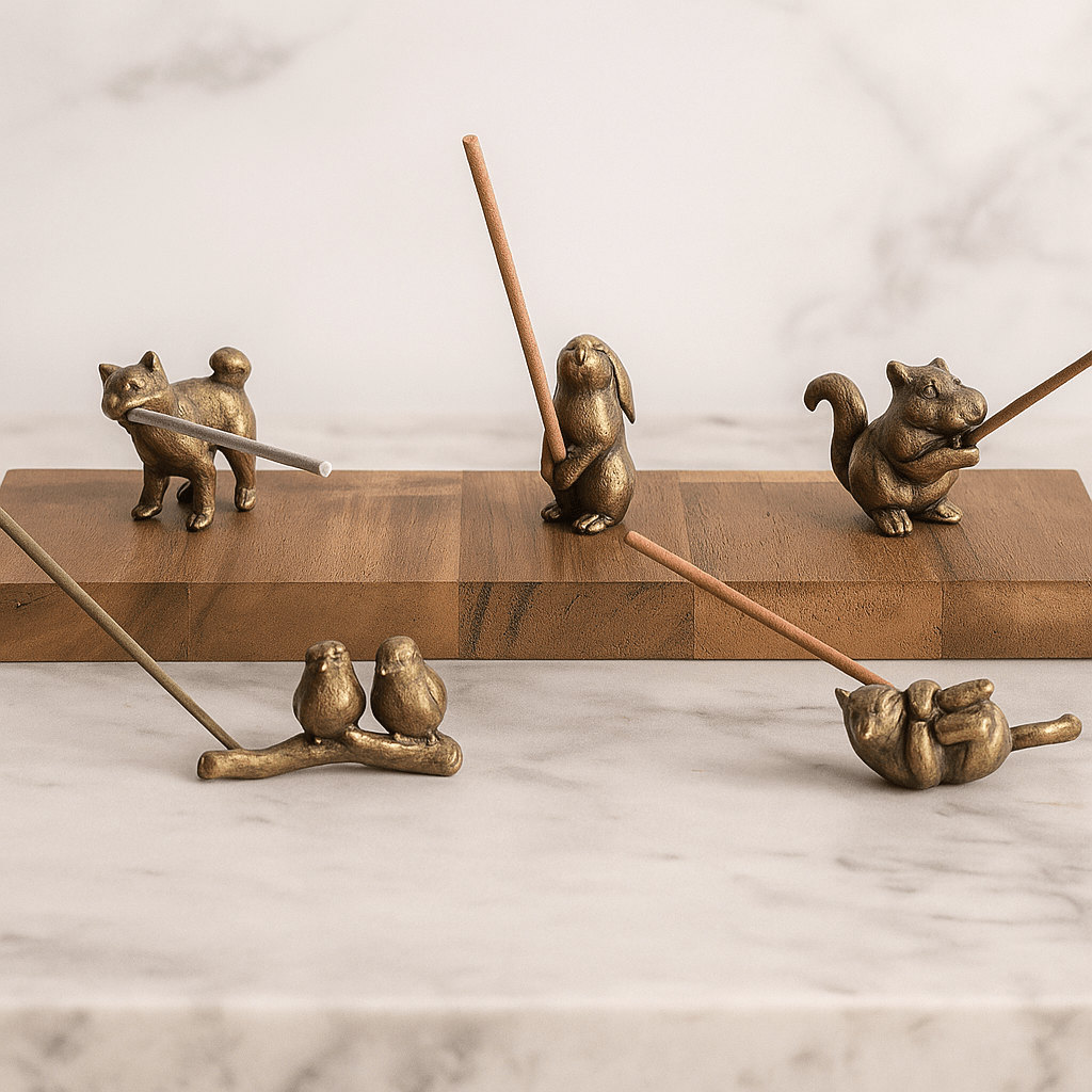 Sculpted brass holder for stick incense — handcrafted with delicate curves.