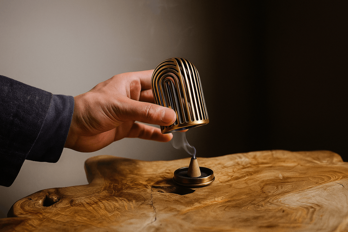 Sculptural incense burner in antique brass, designed for ceremonial incense rituals.