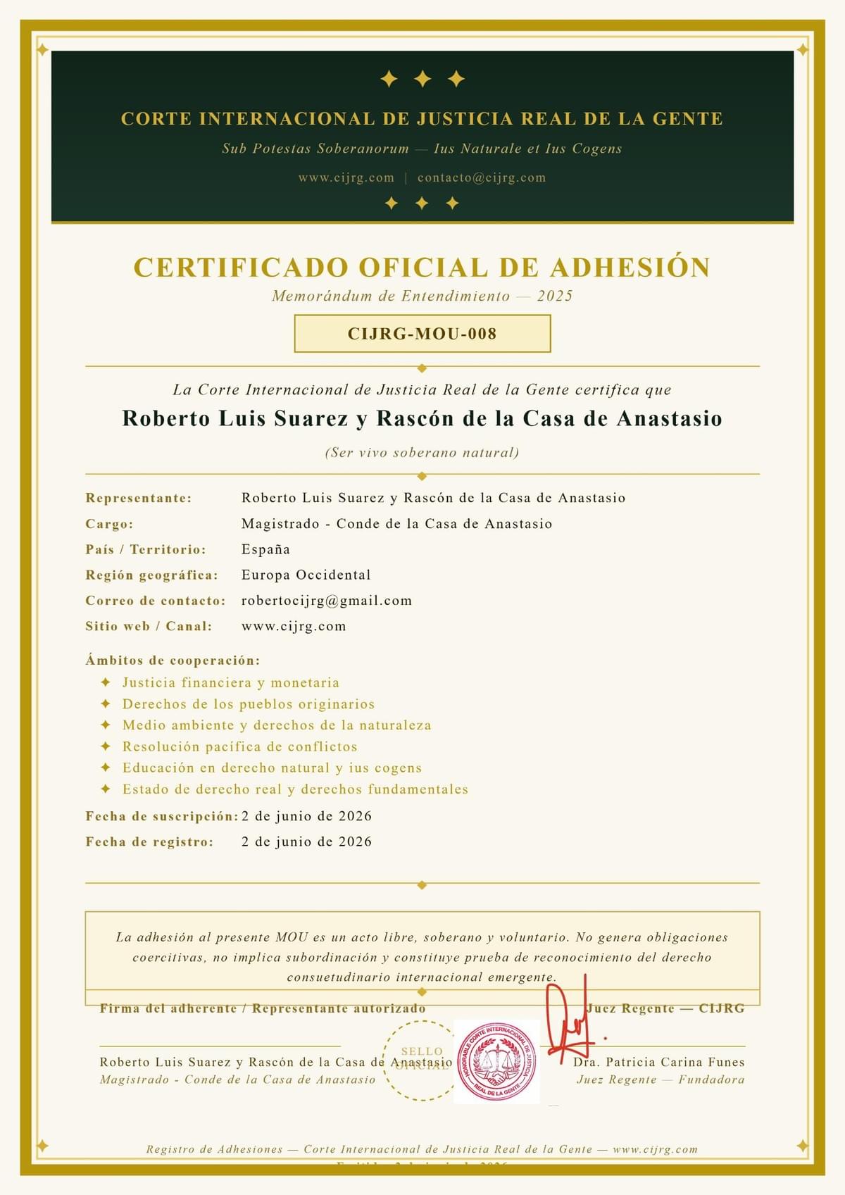 Certificado de adhesión