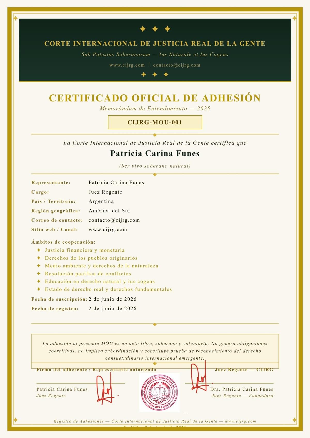 Certificado de adhesión
