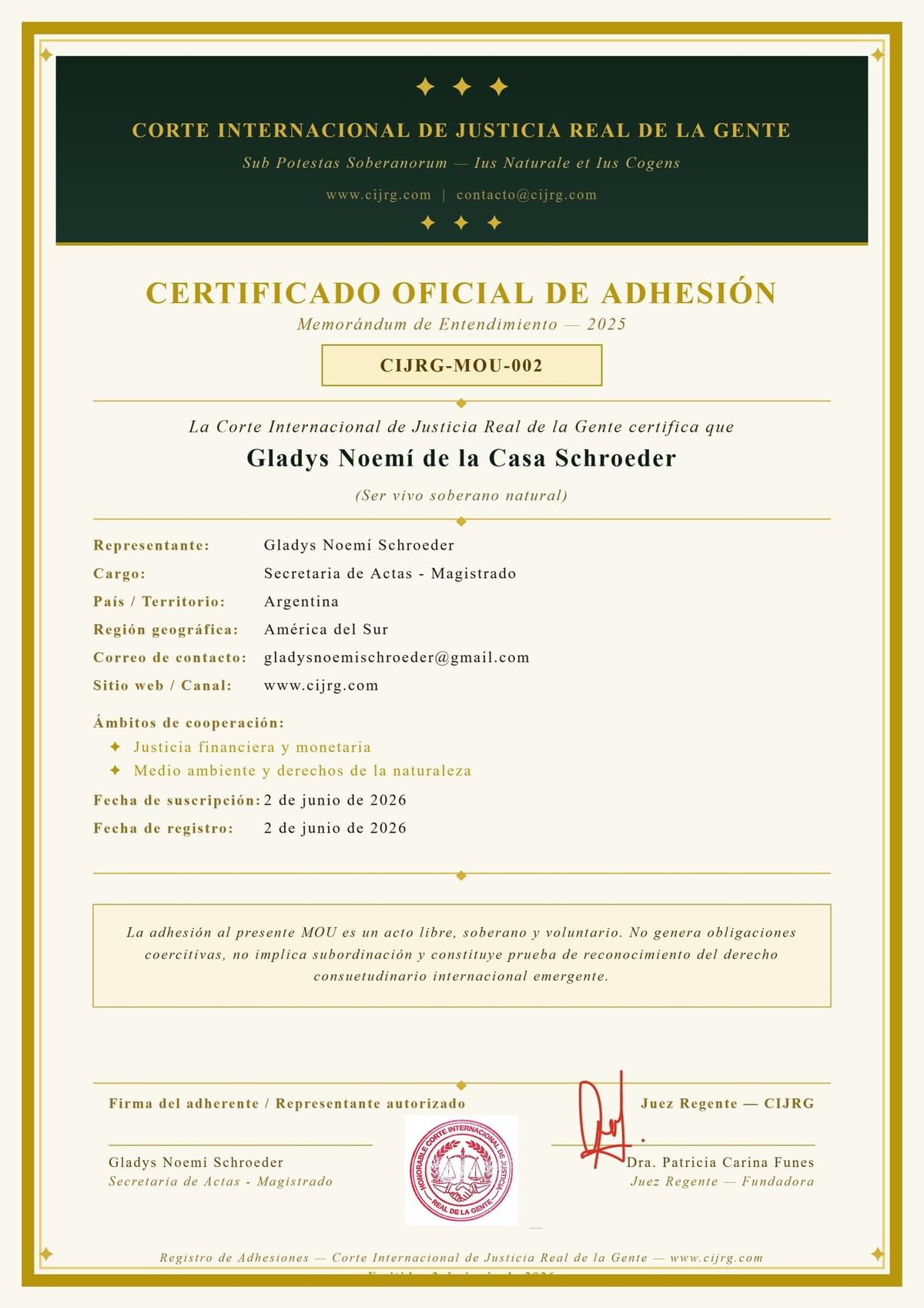 Certificado de adhesión