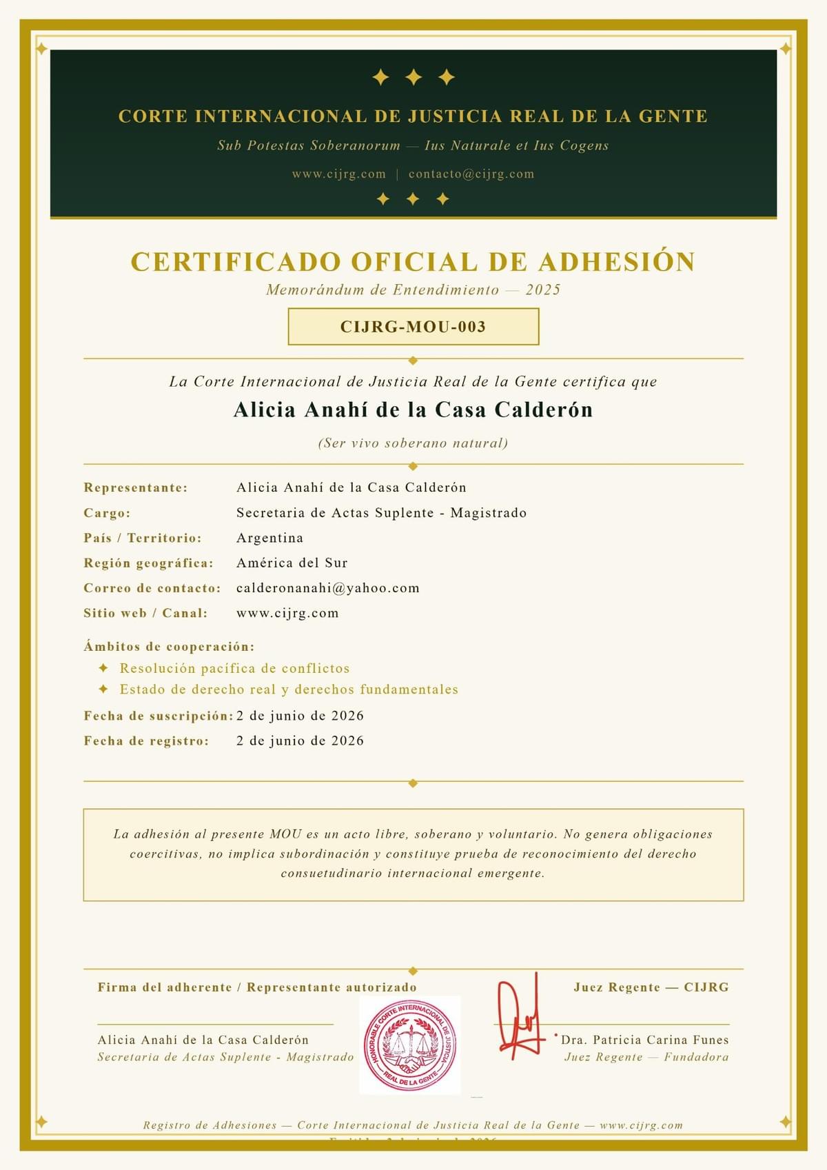 Certificado de adhesión