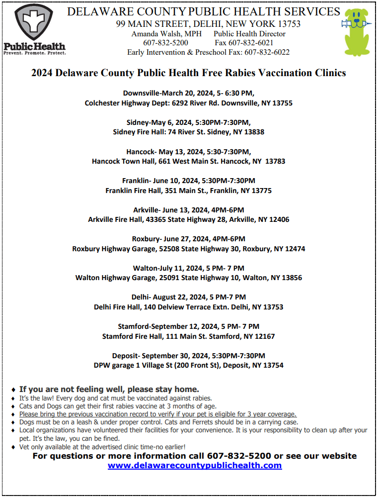 Delaware County Public Health 2024 Free Rabies Vaccination Clinics list