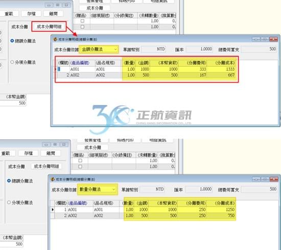 點擊成本分攤明細可以查看各項產品的分攤結果。 選擇金額分攤法，會依照各項次產品的金額分攤對應比例費用。 選擇數量分攤法，會依照各項次產品的數量分攤對應比例費用。