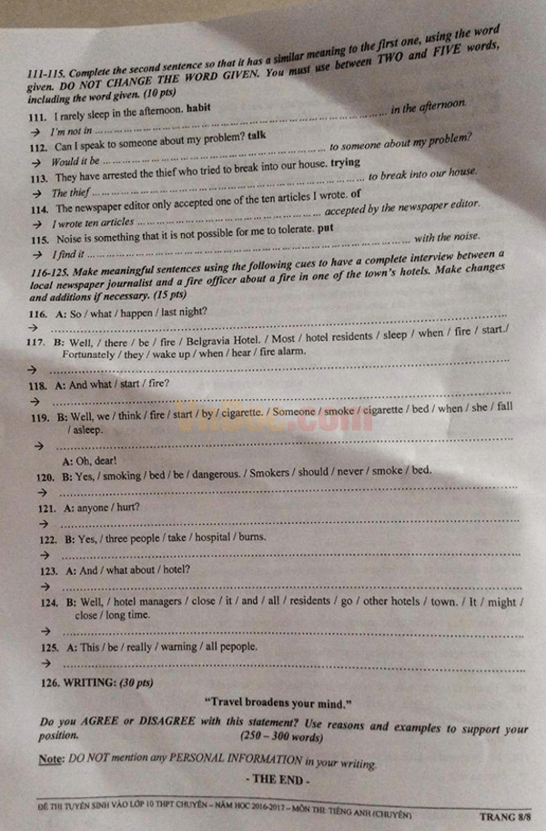 Đề thi tiếng anh lớp 10 Trường THPT chuyên Lê Quý Đôn Khánh Hòa năm 2016