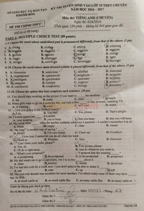Đề thi tiếng anh lớp 10 Trường THPT chuyên Lê Quý Đôn Khánh Hòa năm 2016
