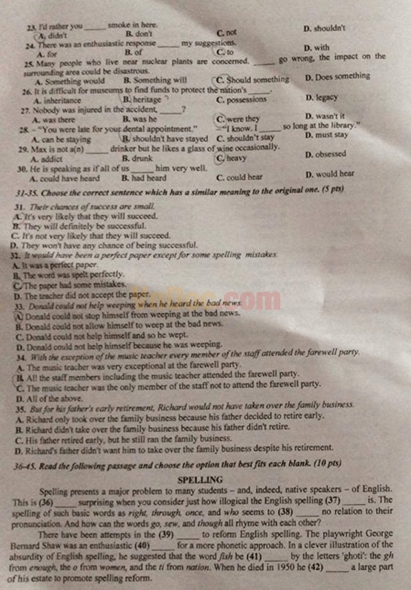 Đề thi tiếng anh lớp 10 Trường THPT chuyên Lê Quý Đôn Khánh Hòa năm 2016