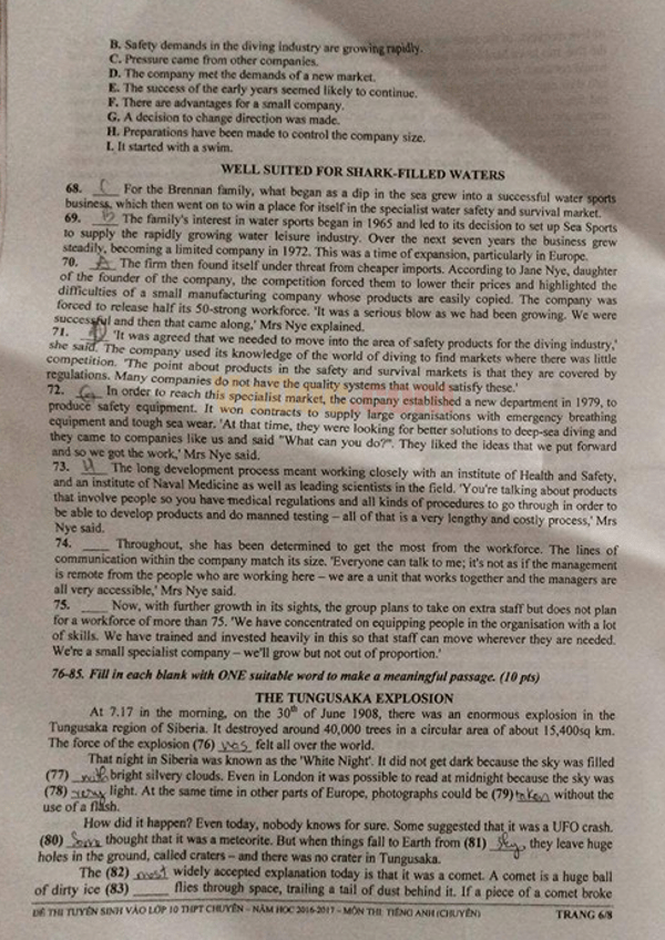 Đề thi tiếng anh lớp 10 Trường THPT chuyên Lê Quý Đôn Khánh Hòa năm 2016