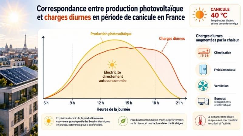 Correspondance entre production photovoltaïque et charges diurnes en période de canicule en France
