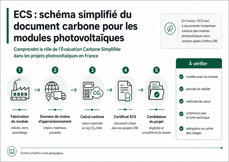 Schéma simplifié de l’Évaluation Carbone Simplifiée ECS pour les modules photovoltaïques utilisés dans certains appels d’offres CRE en France