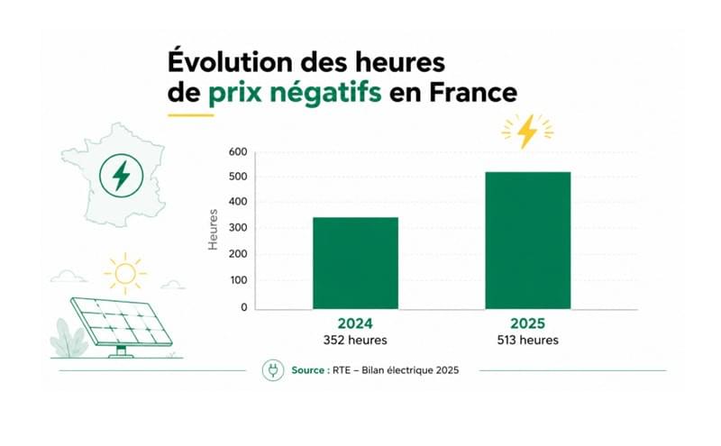 Évolution des heures de prix négatifs de l’électricité en France entre 2024 et 2025 selon les données de RTE