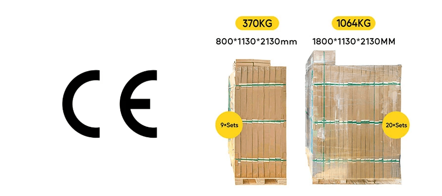 Impianto fotovoltaico da balcone con certificazione CE, imballaggio per 9 set (370 kg, 800×1130×2130 mm) e 20 set (1064 kg, 1800×1130×2130 mm).