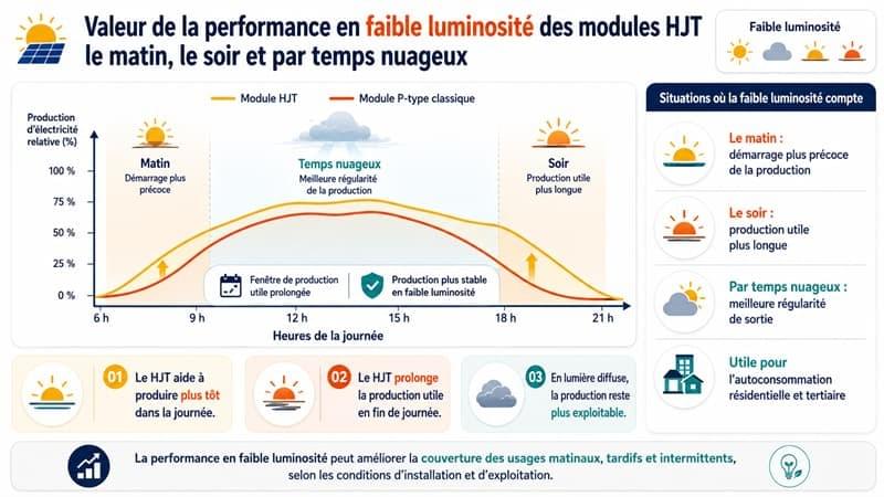 Valeur de la performance en faible luminosité des modules HJT le matin, le soir et par temps nuageux
