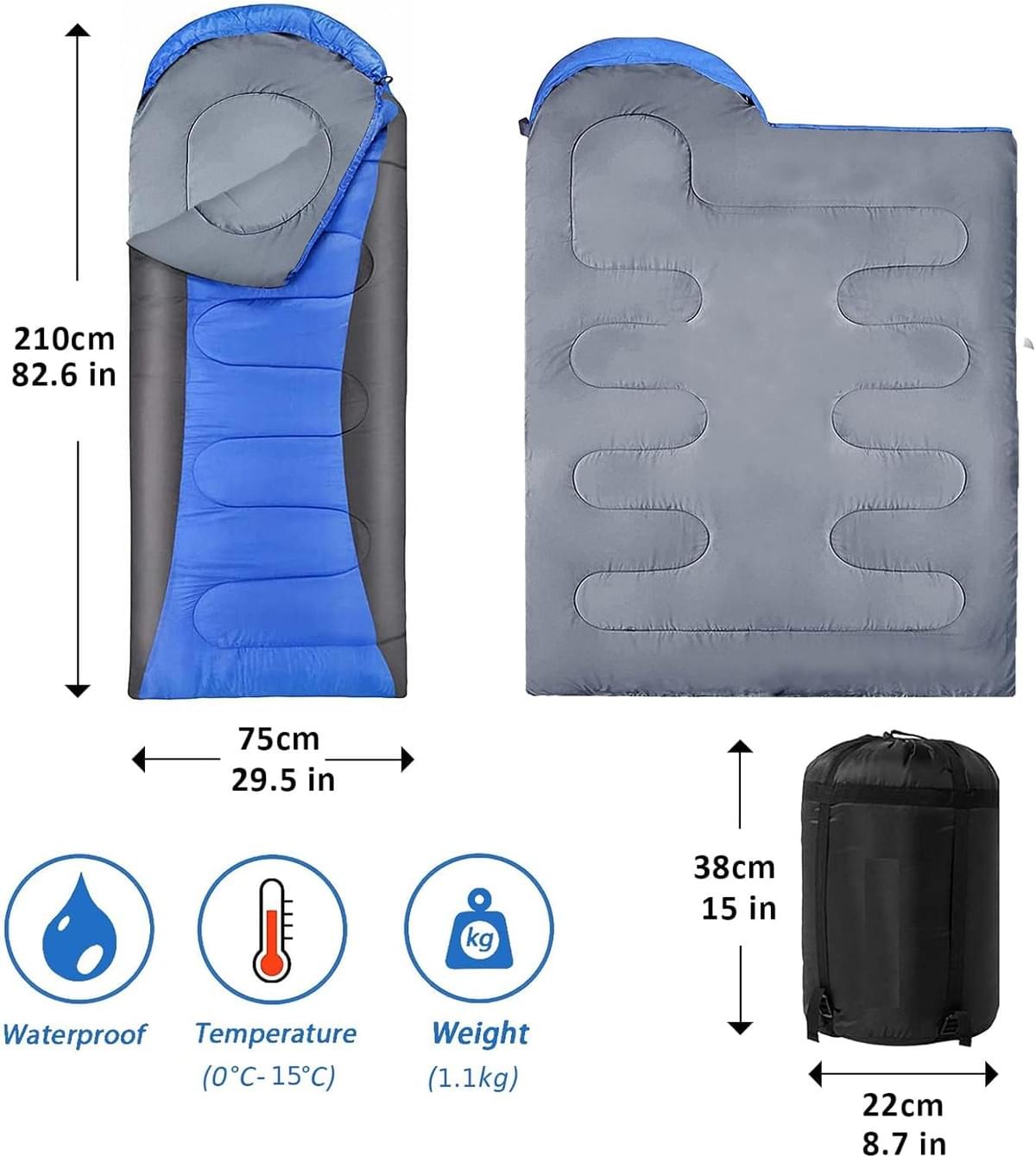 Lightweight Waterproof Warm Adult Camping Sleeping Bag with Compression Bag- Blue