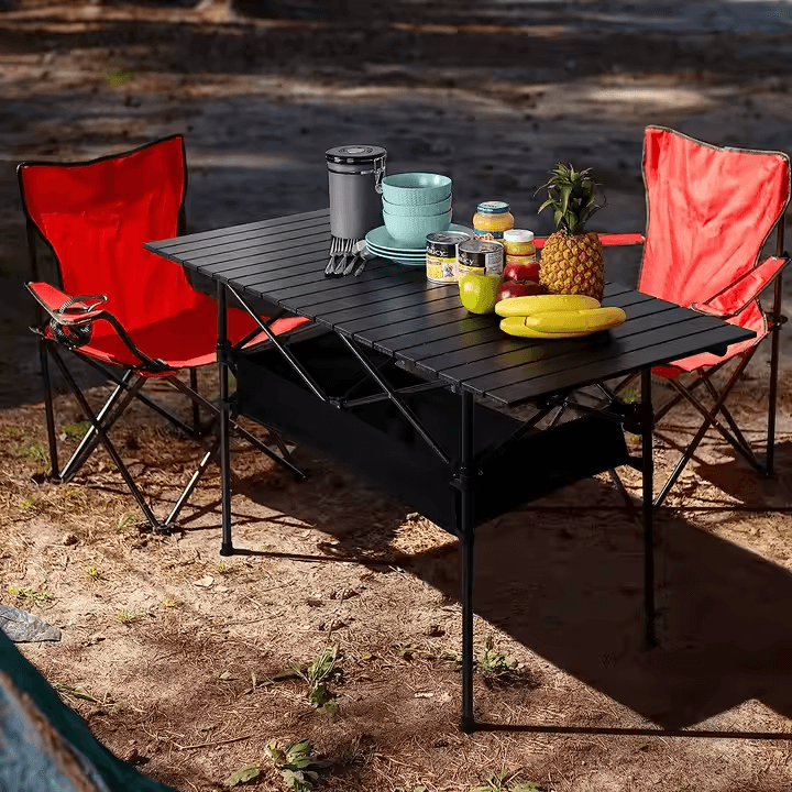 Black Folding camping table carbon steel portable roll-up picnic table for 4-6 person BBQ Party 