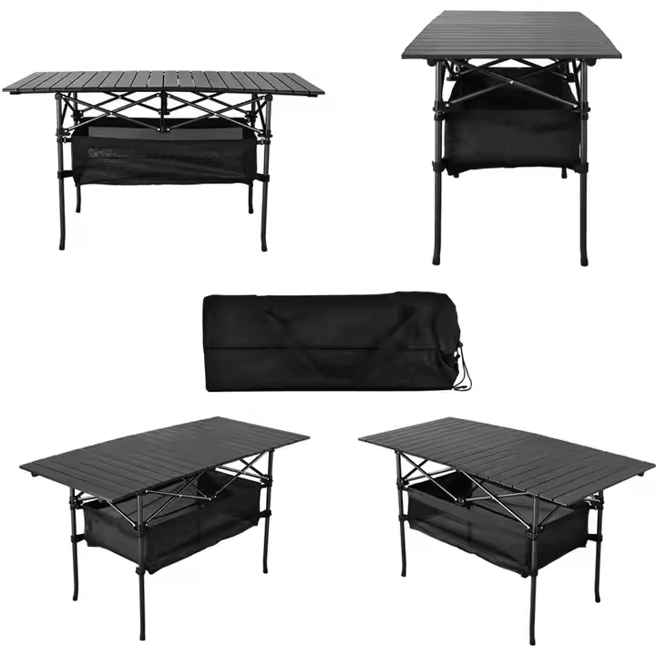 Black Folding camping table carbon steel portable roll-up picnic table for 4-6 person BBQ Party 