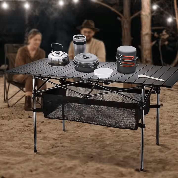 Black Folding camping table carbon steel portable roll-up picnic table for 4-6 person BBQ Party 
