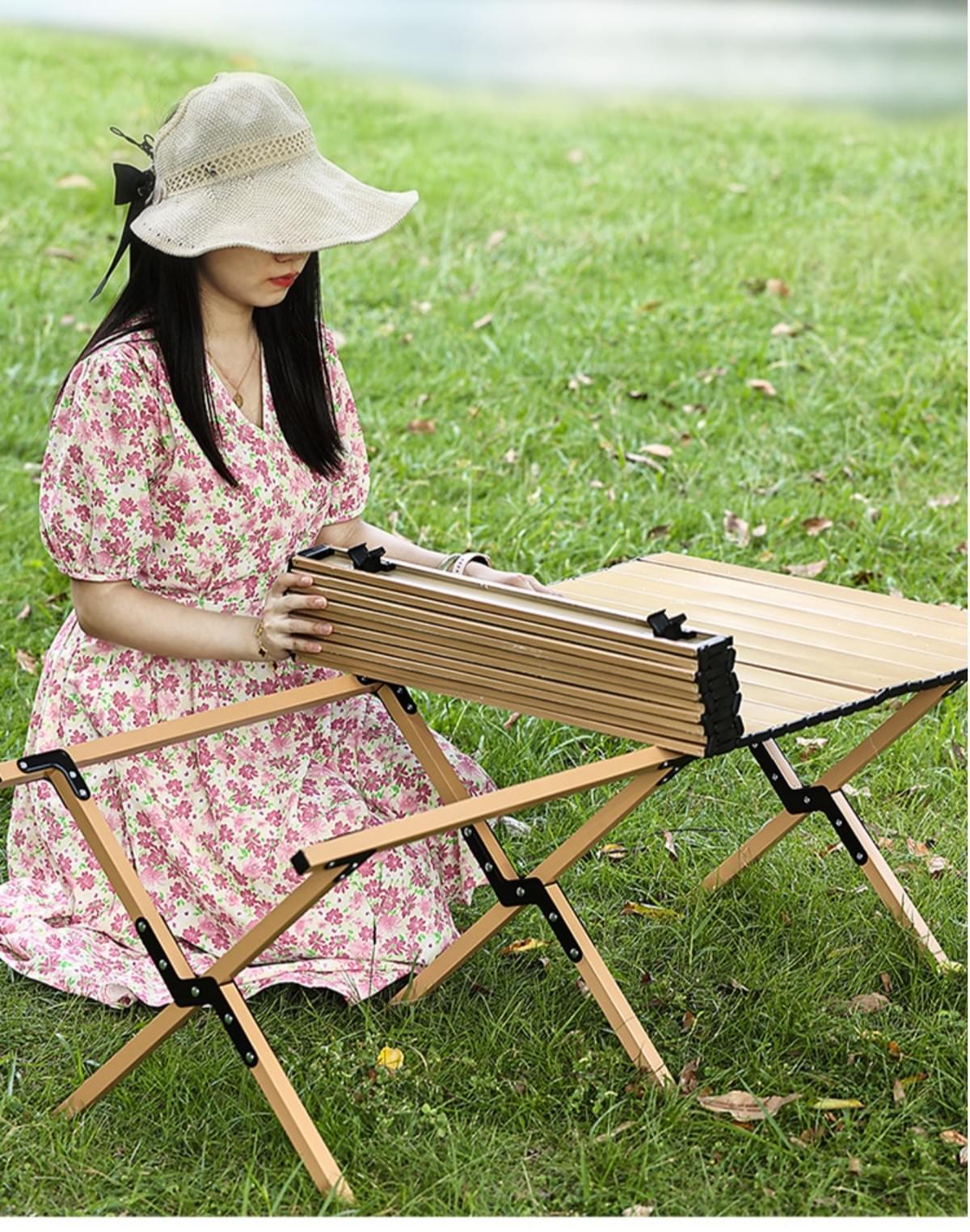 Sturdy Brown Folding camping table carbon steel portable roll-up picnic table for 4-6 person