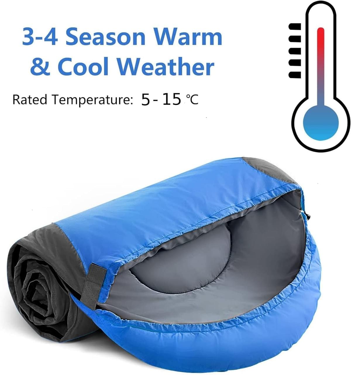 Lightweight Waterproof Warm Adult Camping Sleeping Bag with Compression Bag- Blue