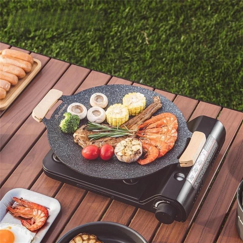 Grill pan, Korean round stovetop pan, non-stick barbecue pan with wooden handle