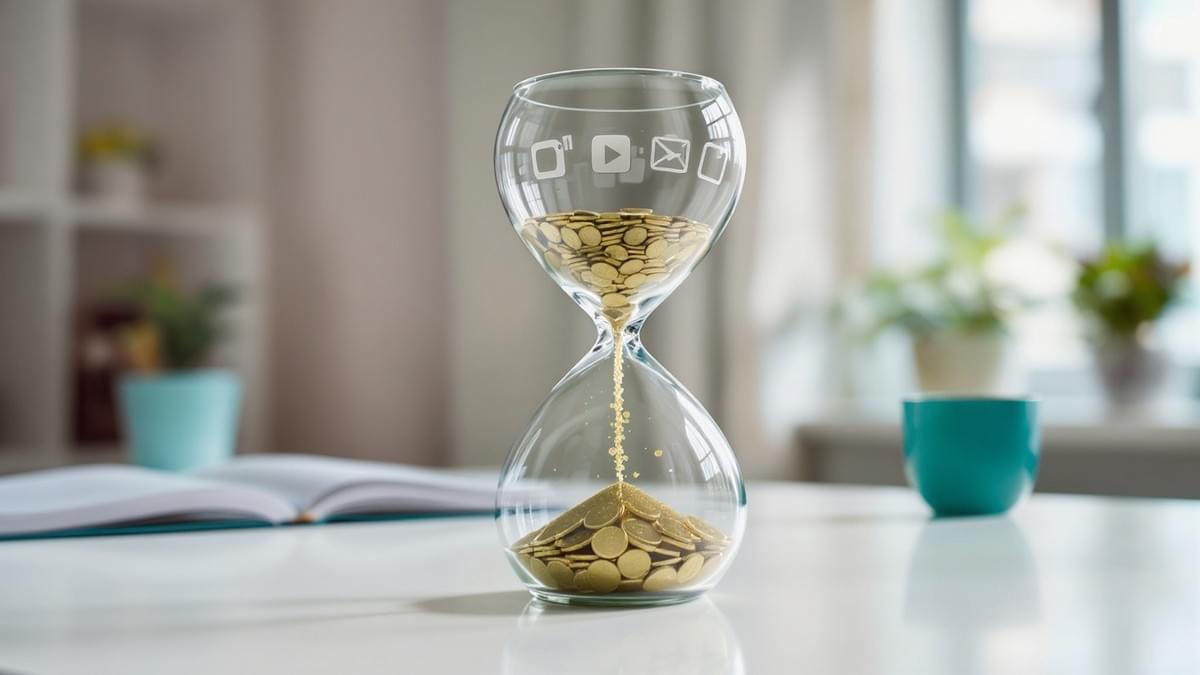 Hourglass showing content assets converting into revenue over time representing the long-term value of strategic B2B content marketing