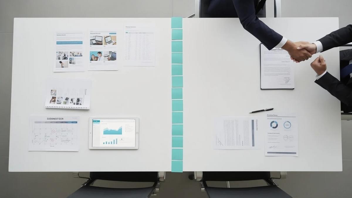 Conference table showing marketing content and sales materials connected by a bridge of shared strategy representing content marketing and sales alignment