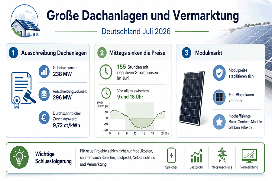 Ausschreibungen für große PV-Dachanlagen, negative Strompreise und Modulmarkt in Deutschland im Juli 2026