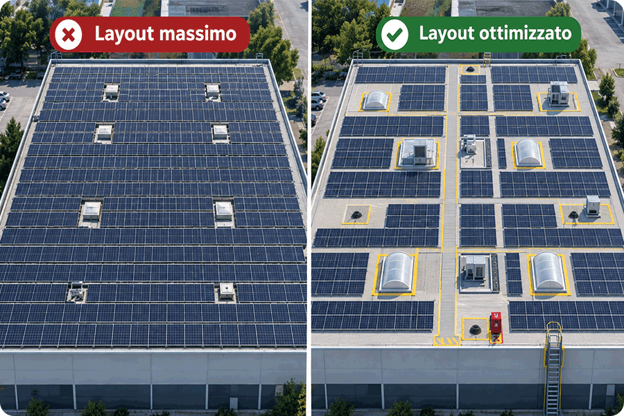 Confronto dall’alto tra un layout fotovoltaico molto denso e un layout ottimizzato con spazi di accesso per manutenzione, HVAC, lucernari e apparecchiature sul tetto.