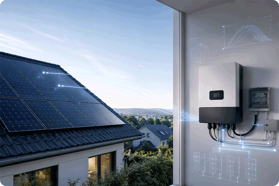 Solarmodule auf einem Hausdach mit angeschlossenem Wechselrichter und visualisierten Stromflüssen