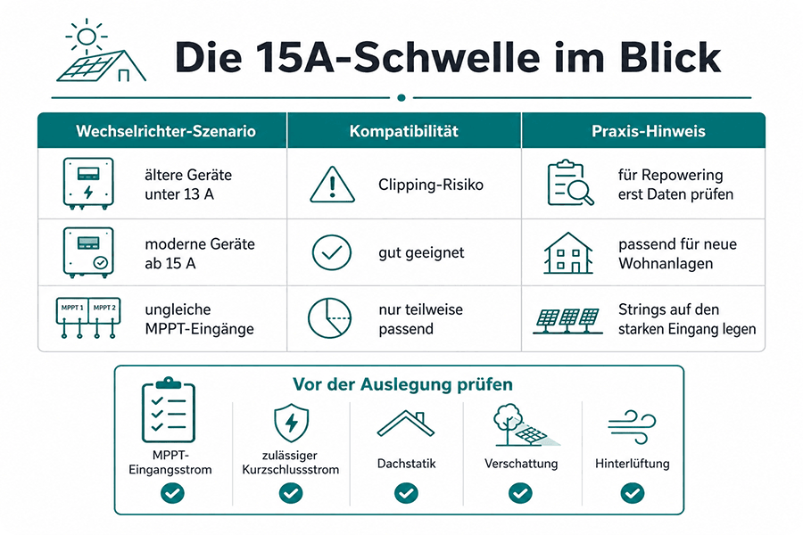 Kompatibilität eines Moduls mit rund 15 A mit unterschiedlichen Wechselrichtertypen