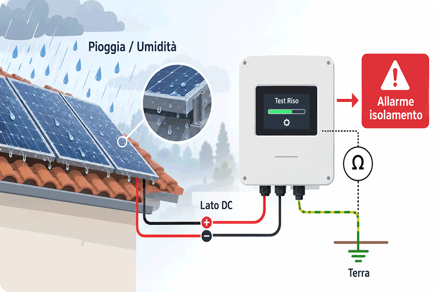 Schema del test Riso dell’inverter fotovoltaico con pioggia, umidità e allarme di isolamento sul lato DC