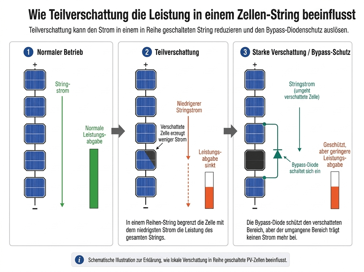 Ausgangsleistung eines Zellstrangs bei Teilverschattung