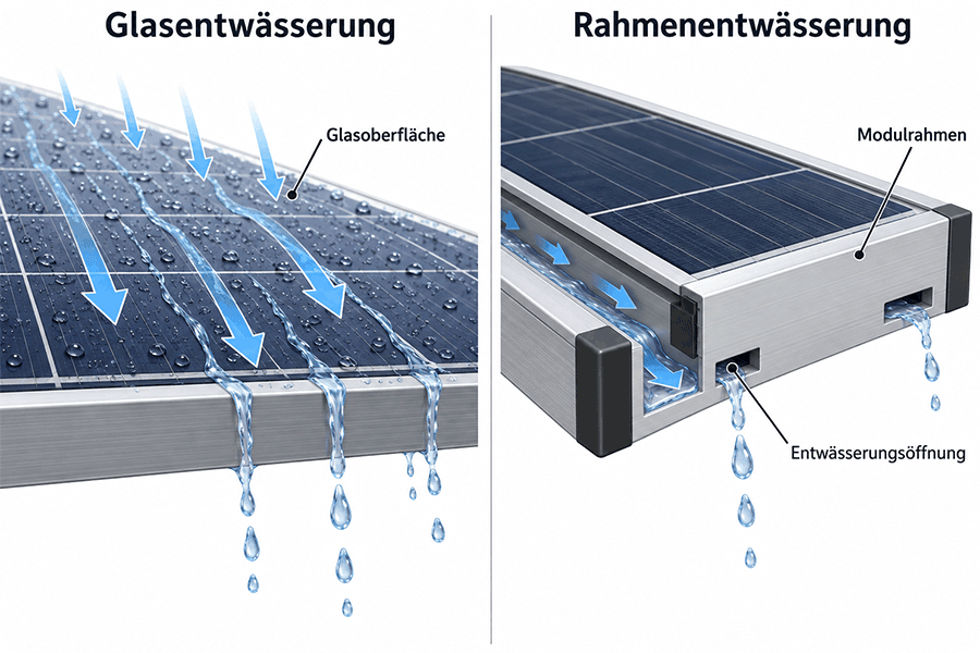 Glasentwässerung und Rahmenentwässerung bei PV-Modulen mit Wasserablauf über Glas und Entwässerungsöffnung im Rahmen