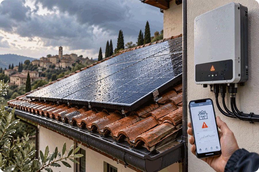 Impianto fotovoltaico su tetto in tegole bagnato dopo la pioggia con inverter che segnala un errore di isolamento