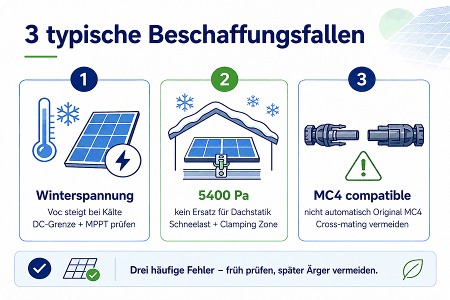 Drei typische Fehler beim Solarmodulkauf: Winterspannung, 5400 Pa Schneelast und MC4 Cross-Mating