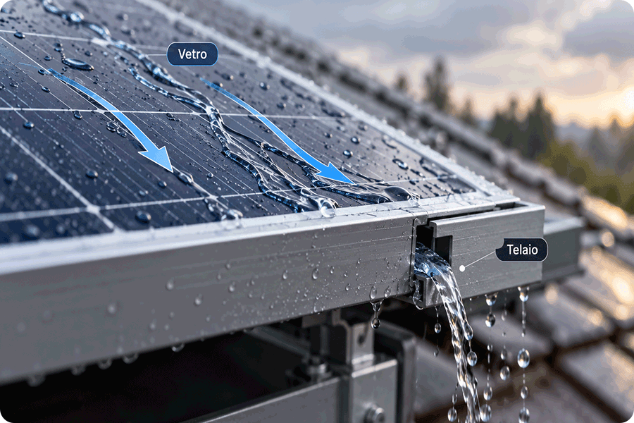 Dettaglio di un modulo fotovoltaico sotto la pioggia che distingue il drenaggio dell’acqua sulla superficie del vetro dal drenaggio previsto dal telaio.