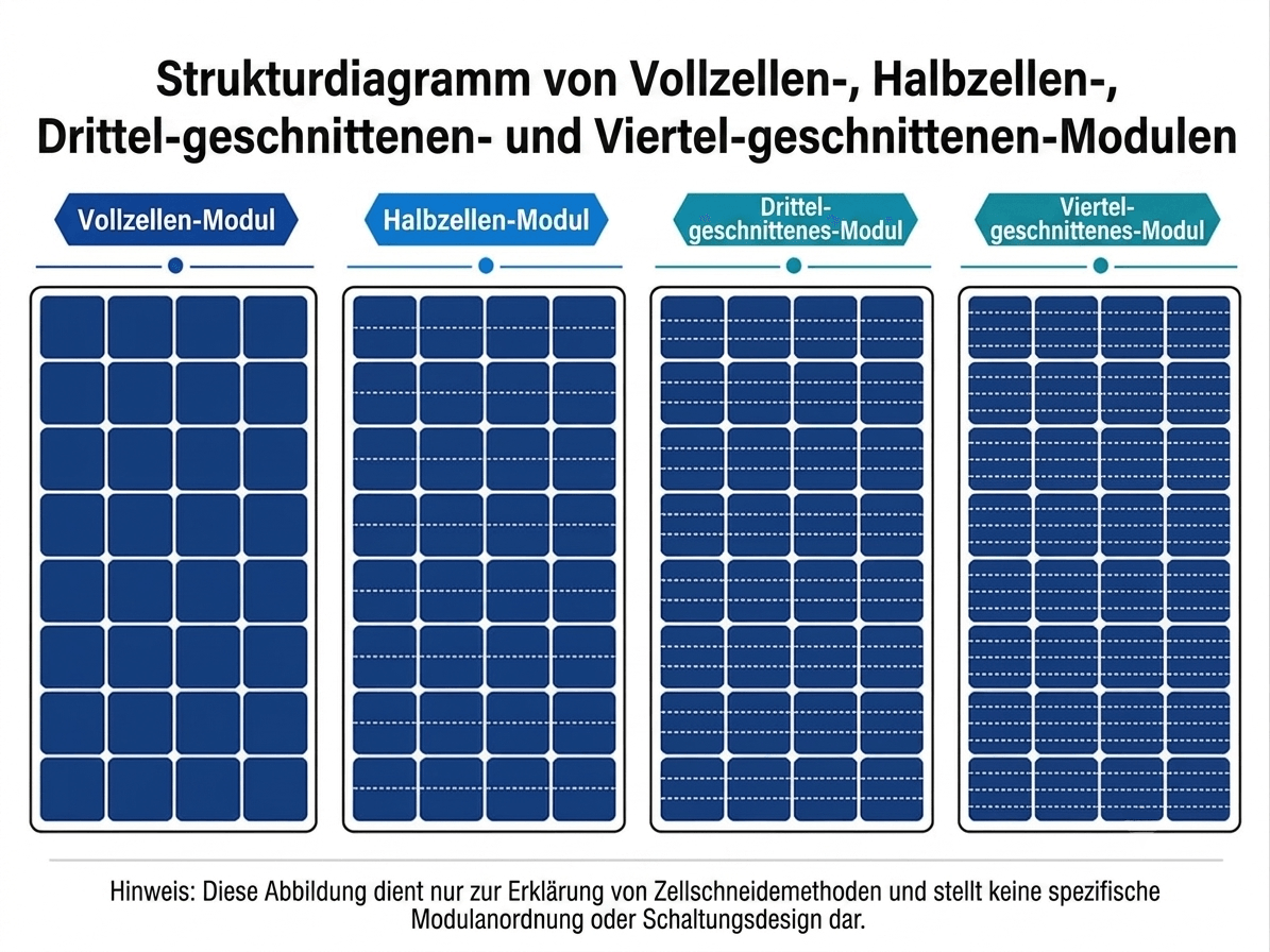 Struktur von Vollzellen-, Halbzellen-, Drittelzellen- und Viertelzellen-PV-Modulen