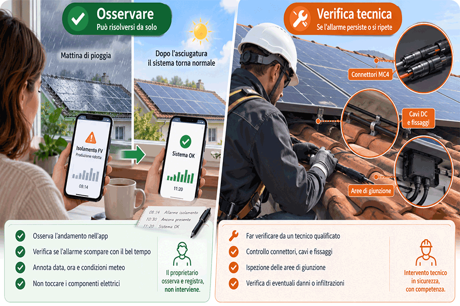 Controllo di un errore di isolamento fotovoltaico: osservazione dell’allarme e verifica tecnica di connettori e cavi DC
