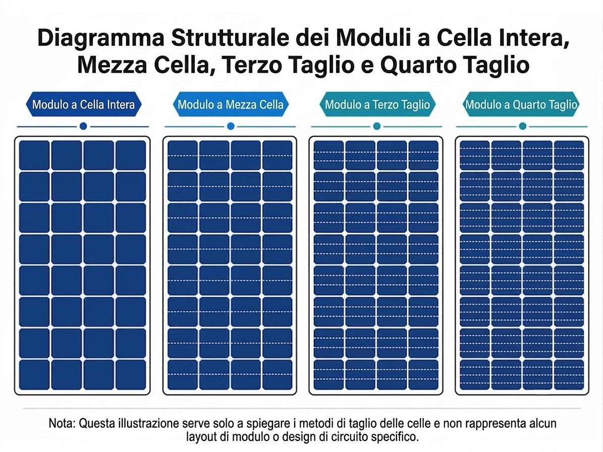 Struttura di moduli fotovoltaici a celle intere, half-cut, celle tagliate in tre parti e celle tagliate in quattro parti