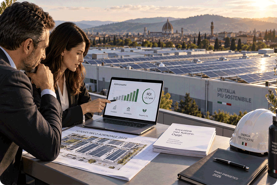 Responsabili aziendali analizzano autoconsumo, dimensionamento e ROI di un impianto fotovoltaico su tetto industriale in Italia nel 2026