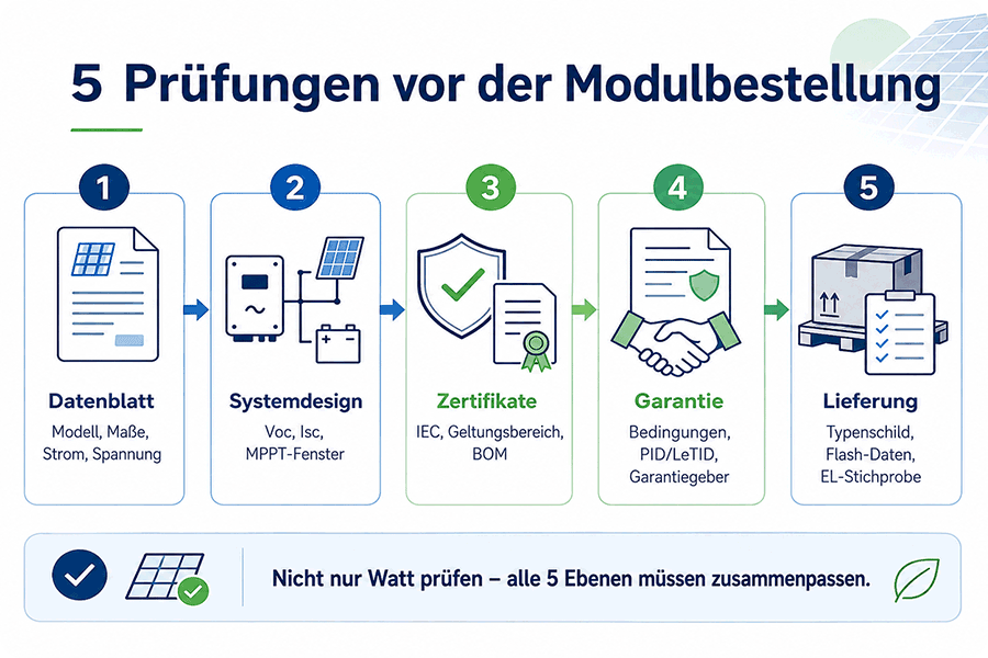 5 Prüfungen vor der Modulbestellung: Datenblatt, Systemdesign, Zertifikate, Garantie und Lieferung