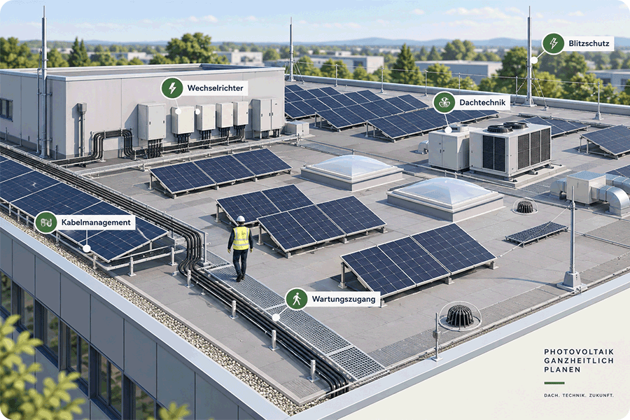 Gewerbedach mit PV-Modulen, Kabelmanagement, Wechselrichter, Dachtechnik, Blitzschutz und Wartungszugang