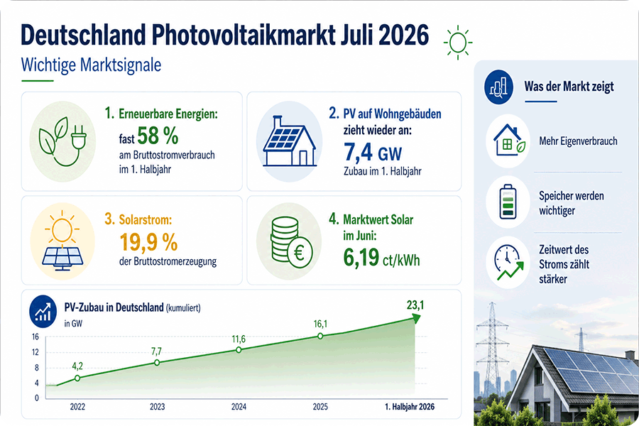 Deutschland Photovoltaikmarkt Juli 2026 mit Daten zu erneuerbaren Energien, PV-Zubau und Marktwert Solar