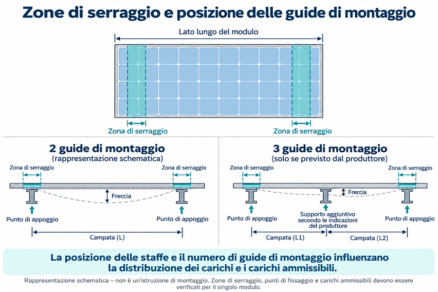 Zone di serraggio e guide di montaggio: confronto schematico tra due e tre guide.