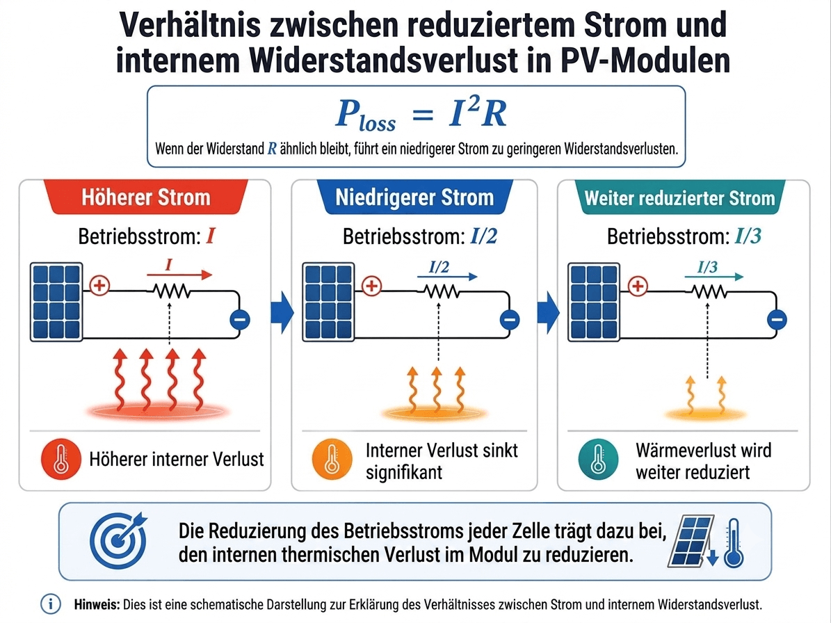 PV-Modul mit reduziertem Strom und geringeren internen Widerstandsverlusten