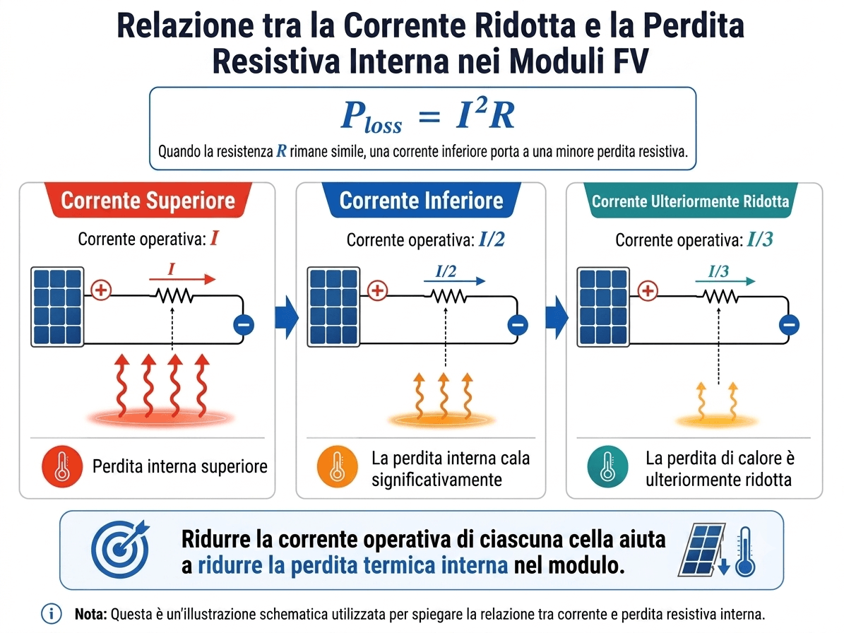Modulo fotovoltaico con riduzione della corrente e delle perdite resistive interne