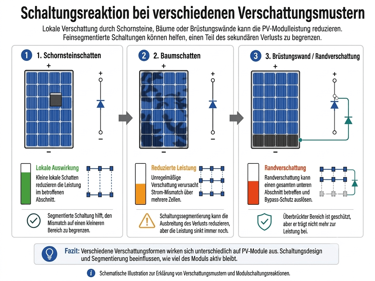  Reaktion der PV-Modulschaltung auf verschiedene Verschattungsmuster