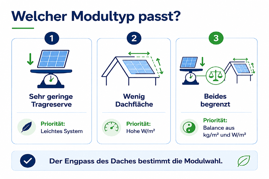 Vergleich von Flächengewicht in kg/m² und Leistungsdichte in W/m² bei Solarmodulen für Dächer mit geringer Tragreserve