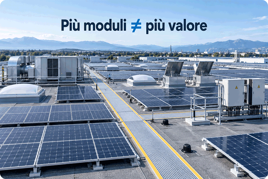 Impianto fotovoltaico su tetto industriale con passerelle di accesso, lucernari, HVAC e quadri elettrici, a supporto di un layout orientato al ciclo di vita.